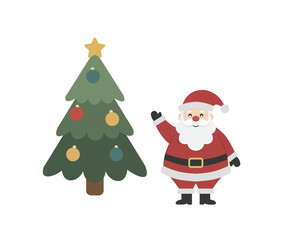 Happy Santa Claus Waving Beside Decorated Christmas Tree Vector. Flat Cartoon Character Ready for Holiday Season. Xmas Greeting and Festive Decoration.