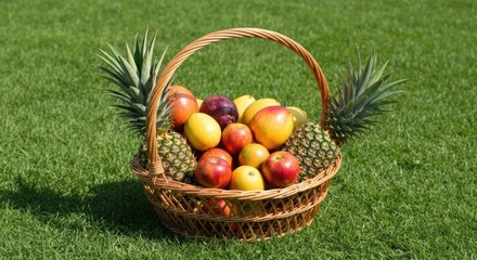 Wicker basket overflowing with assorted tropical fruits, placed on a grassy lawn