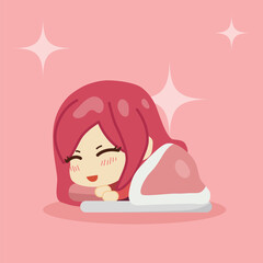 Cute Chibi Girl Sleeping Peacefully Vector Illustration. Adorable Cartoon Character Resting on Pink Background. Sweet Dreams and Relaxation Concept Art.