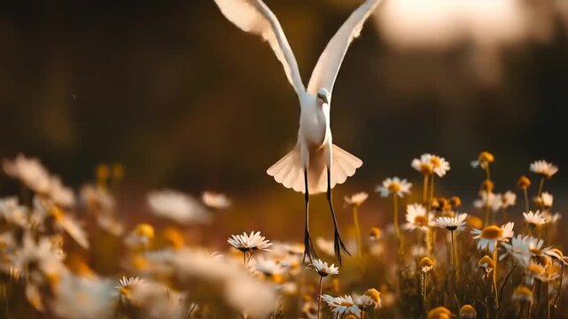 White bird flies gracefully above field of flowers with sunlight