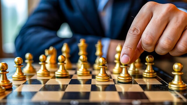 Businessman moving chess piece in strategic thinking concept
