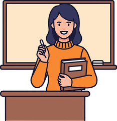 Female Teacher at Blackboard with Book - Education Vector Illustration