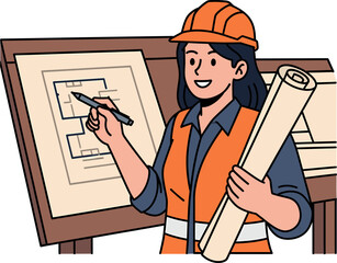 Confident Female Engineer Working on Architectural Blueprint Design