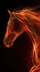 Elegant silhouette of a red fire horse against a black background with glowing edges and subtle gold sparks for a luxurious touch