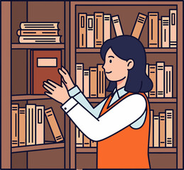 Woman Placing Book on Library Bookshelf - Education and Learning Illustration