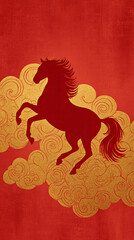 Elegant red fire horse silhouette on luxurious gold background perfect for celebrating Chinese New Year