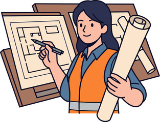 Confident Female Engineer or Architect Working on Architectural Blueprint