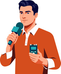 Vector Illustration of Male Reporter Holding Microphone and Recorder