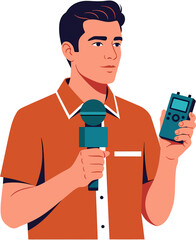 Professional Male Journalist or Reporter Holding Microphone and Digital Audio Recorder Vector Illustration