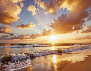 Golden sunset over a tranquil ocean beach with dramatic clouds and sun rays illuminating the water and sand