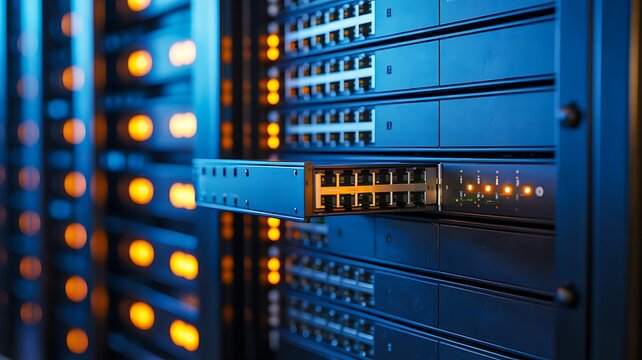 Network server rack with glowing ethernet ports and modern hardware
