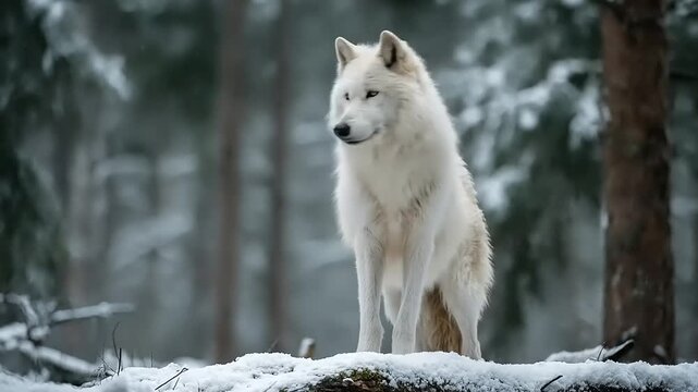 White wolf stands in snowy forest amidst evergreen trees