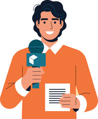 Smiling Male Journalist Reporting Live with Microphone and Notes