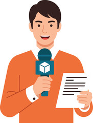 Male News Reporter or Journalist Holding Microphone and Script Vector Illustration