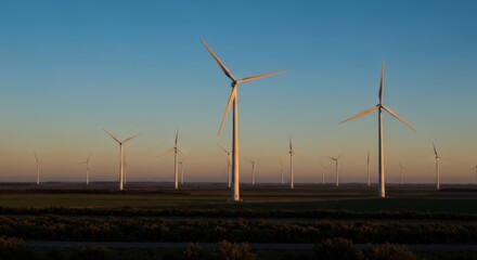 Wind turbines stand tall in a vast, flat landscape at sunset.  A pale, golden-tinged sky stretches above.  Soft, hazy light illuminates the scene