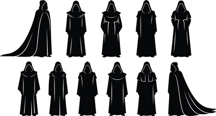 Silhouette collection of hooded cloaked figures standing in various poses, mysterious monk robe characters for design, illustration, and decoration