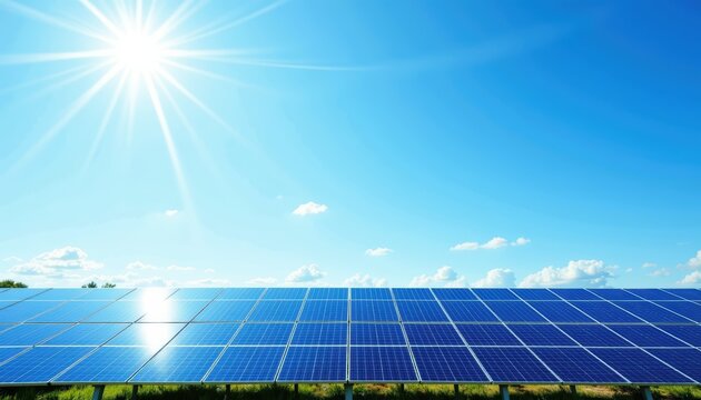 Solar panels arrayed under clear blue sky for renewable energy array of photovoltaic panels harnessing sunlight against vibrant blue sky symbolizing clean energy