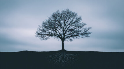 Spooky large tree silhouette with sprawling root stands in solitude against dark cloudy sky. dramatic moody landscape background in nature