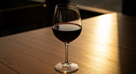 Wine glass filled with red wine on a wooden table, bathed in warm sunlight