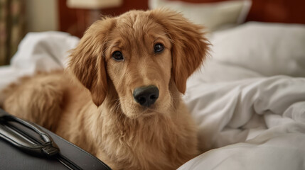 Adorable golden retriever puppy with curious expression resting on bed. Cute young dog waiting patiently by suitcase for travel vacation