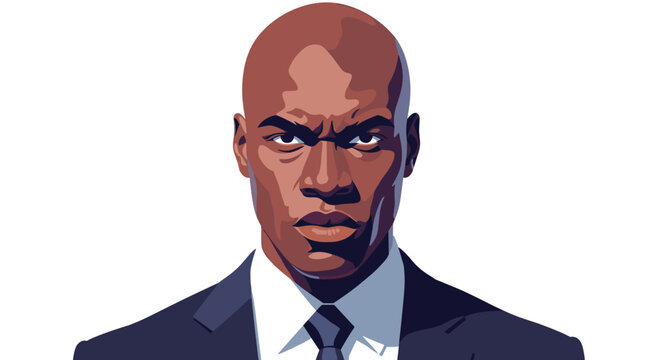 Serious bald black man in a dark suit and tie stares intensely at the viewer with furrowed brows.