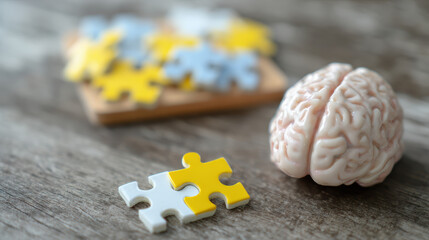 Concept of brain health with puzzle for dementia, alzheimer, and autism awareness, showing memory loss and mind on wood background