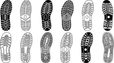 Collection of twelve diverse black and white shoe sole imprints and patterns footprint