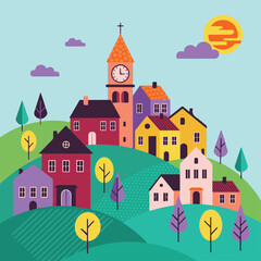 Cartoon vector illustration of houses on a hill in an autumn village with a fairytale castle tower and fortress architecture