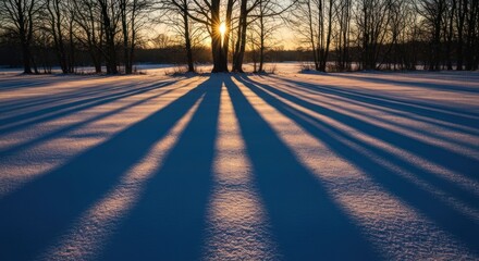 Winter sunset shadows on snow-covered field.  Tall trees cast long, parallel shadows across a pristine expanse of snow.  Golden sunlight breaks through the trees
