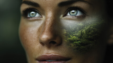 Fototapeta premium Hopeful woman face with forest surreal concept for nature and environment. Human future connection to earth with hope and vision