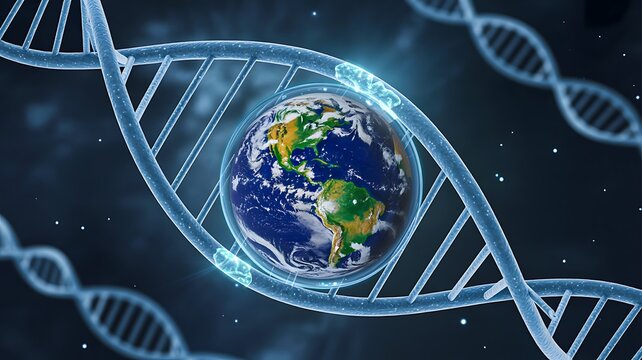 Earth surrounded by dna helix in cosmic science concept
