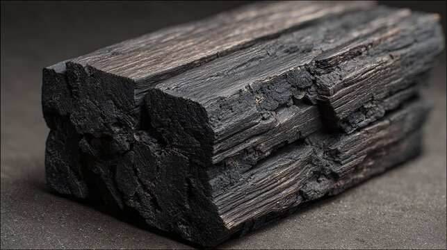 Close-up shot of a charcoal block, showcasing its rough texture and dark color. The charcoal appears in a block shape.