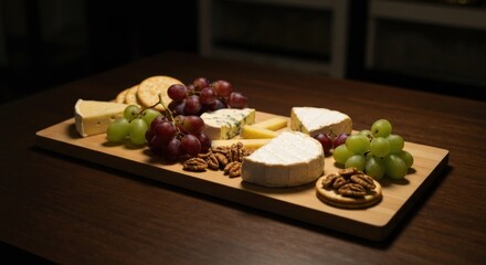 Wooden board showcasing a selection of cheeses, grapes, crackers, and pecans.  A gourmet food arrangement, perfect for a cheese tasting