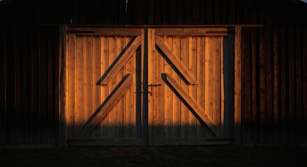 Wooden barn doors at sunset, bathed in warm light