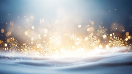 Blurred light blue background with golden lights and white snow, ideal for crafting an enchanting and magical winter scene for festive seasonal decor and holiday designs.