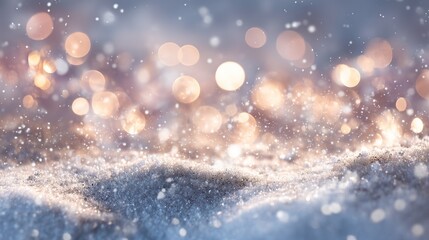 Blurred light blue background with golden lights and white snow, ideal for crafting an enchanting and magical winter scene for festive seasonal decor and holiday designs.