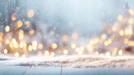 Blurred light blue background with golden lights and white snow, ideal for crafting an enchanting and magical winter scene for festive seasonal decor and holiday designs.