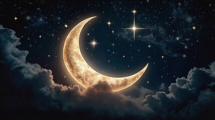 Dreamy crescent moon and shining stars sparkle in a serene night sky, perfect for inspiring wonder, peace, and magical moments for your audience