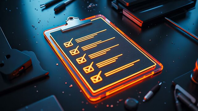 Glowing clipboard checklist on dark workspace with neon lighting
