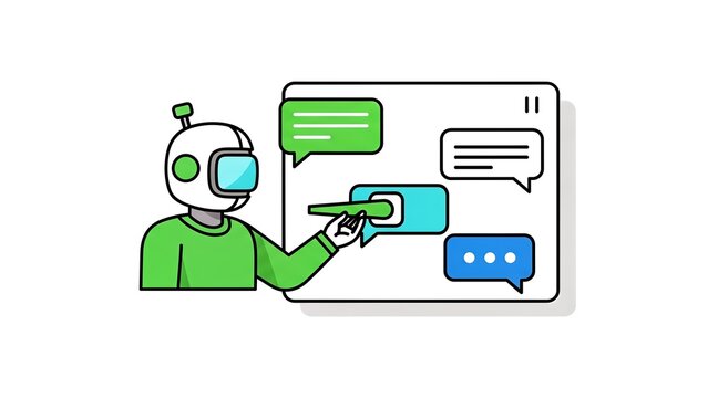 An illustration of a friendly robot interacting with a digital chat interface, representing AI communication.