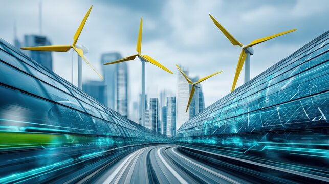 Renewable energy innovations urban landscape digital art futuristic environment aerial view sustainable technology for modern cities