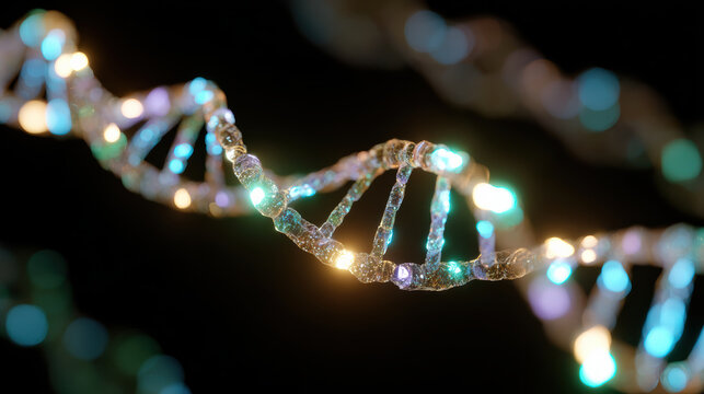 Futuristic glowing DNA strand of genetic light. Awe inspiring double helix symbolizes science, biology, technology and complex bioethics