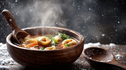 A rustic setup of tortellini soup bowl with steam, wooden ladle, and snowy white background