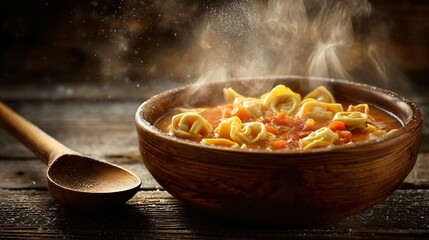 A rustic setup of tortellini soup bowl with steam, wooden ladle, and snowy white background