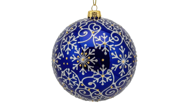 Isolated blue and silver Christmas ball ornament with snowflakes, for holiday decorations