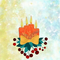 Four lit candles with yellow bow, holly leaves, and red berries. Christmas or Advent traditions.