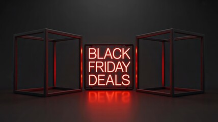 Black friday deals neon sign glowing with red light on dark background
