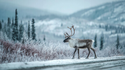 Majestic reindeer animal walking through cold winter snow landscape. Serene wildlife caribou on remote outdoor journey through nature scenery