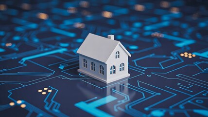 House model placed on digital circuit board representing smart home technology
