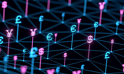 Abstract currency trading system, US dollar, Euro, British pound, Japanese yen. Stock market, model, data, analyzing, business, research. 3D illustration